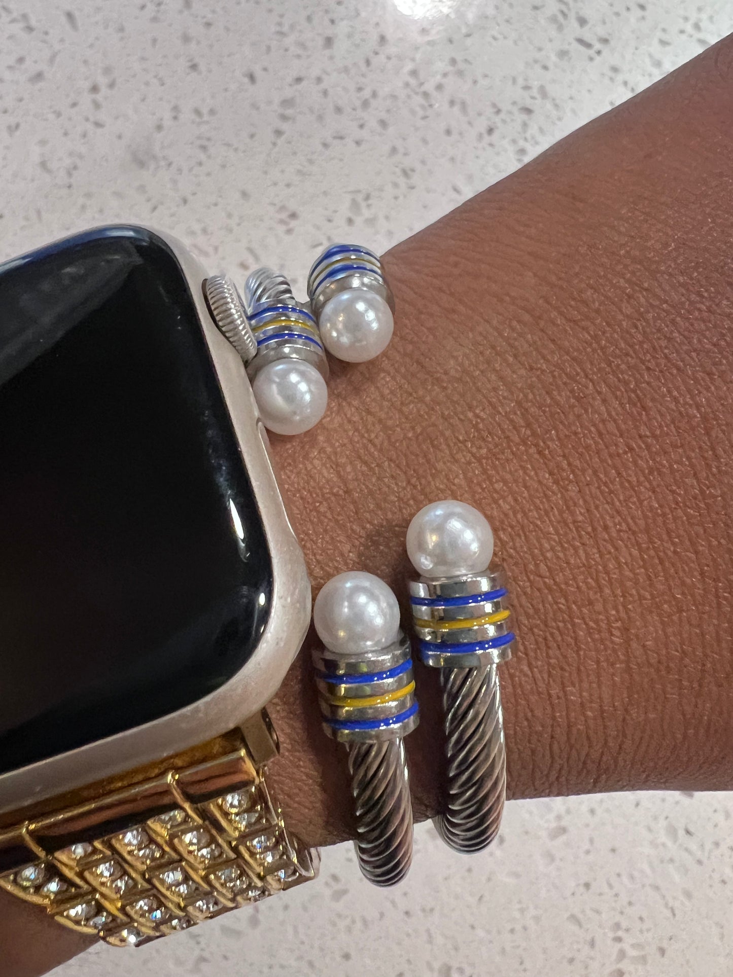 Set of 2 Blue/Yellow Pearl Cable Bracelets