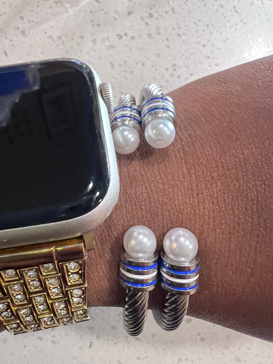 Set of 2 Blue/White Pearl Cable Bracelets