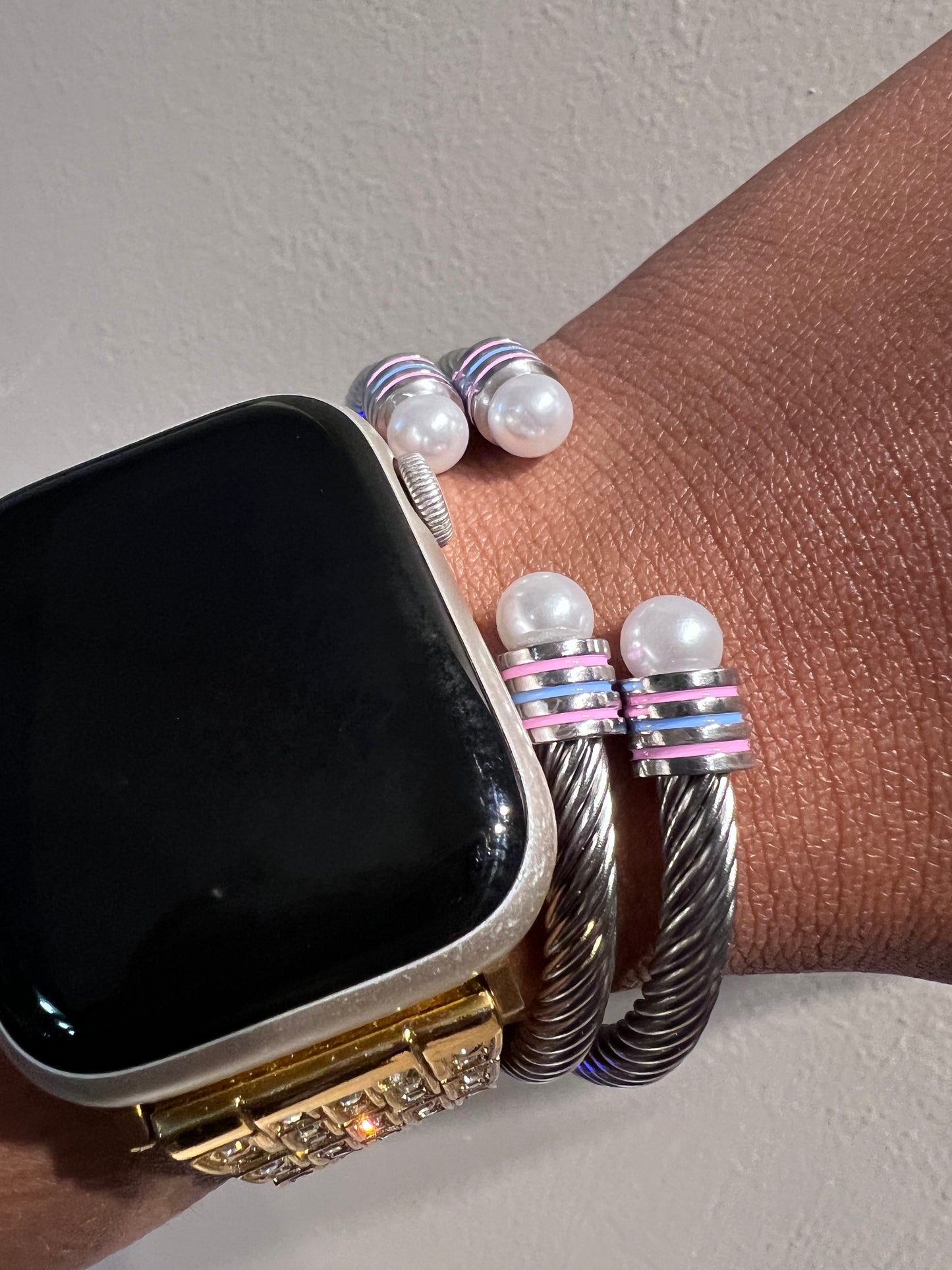 2 Piece Set Pink/Blue Pearl Cable Bracelet