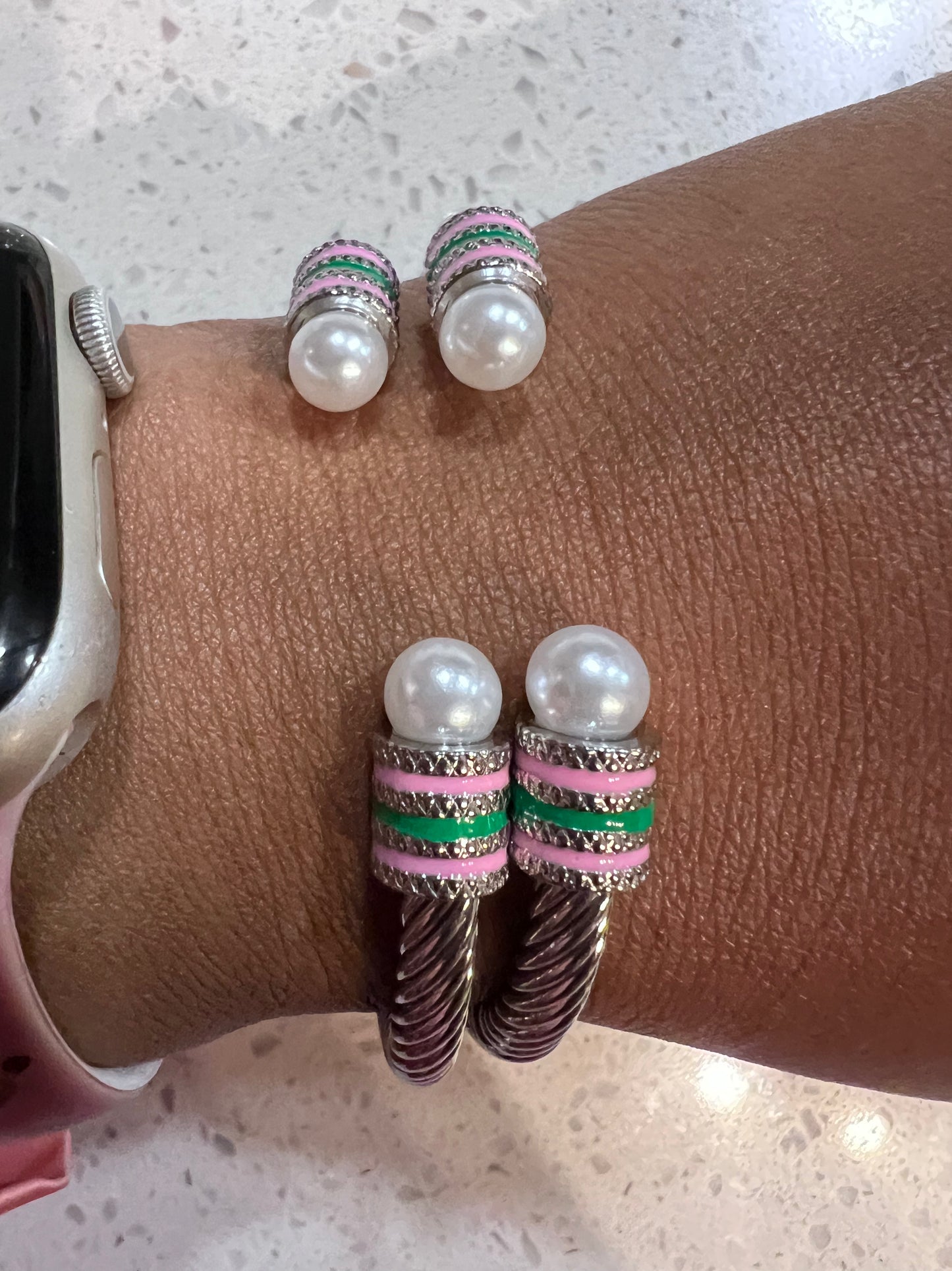 2 Piece Set Pretty Pearl Textured Cable Bracelet