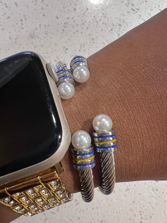 Set of 2 Blue/Yellow Pearl Cable Bracelets